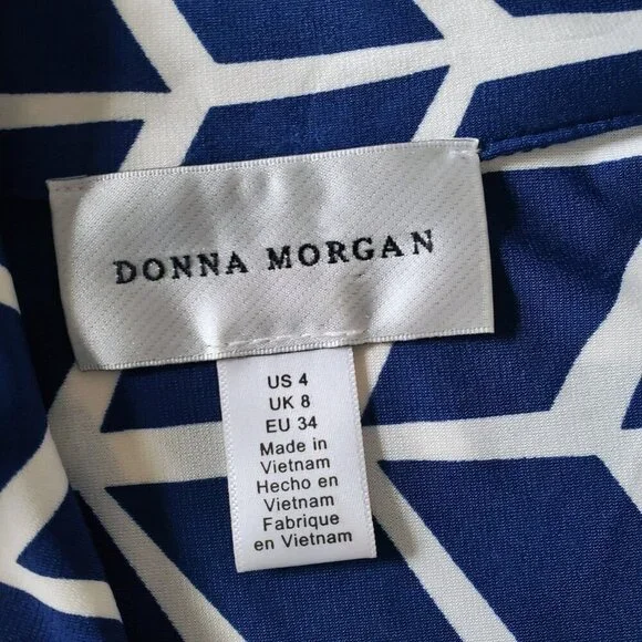 Donna Morgan Career Dress Blue & White Abstract Print with Self Tie Size 4 - Picture 9 of 16